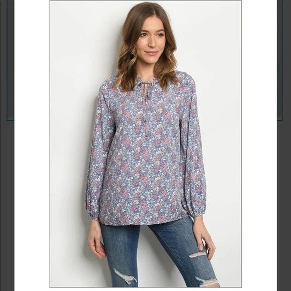 BLUE Floral Lace Collar Top Small - Picture 1 of 4